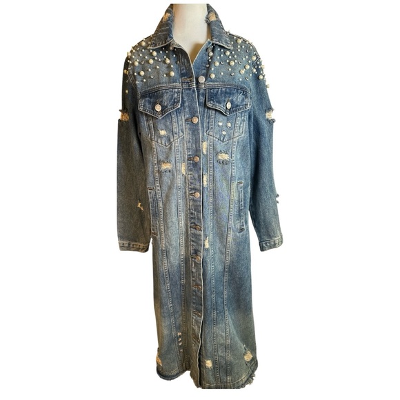 Veveret NWOT Elegant Long Denim Jacket with Pearl Accents - Picture 6 of 15